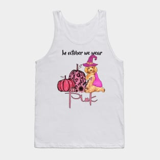 Halloween Doodle Dog Pink Pumpkin Breast Cancer Awareness October Month. Tank Top